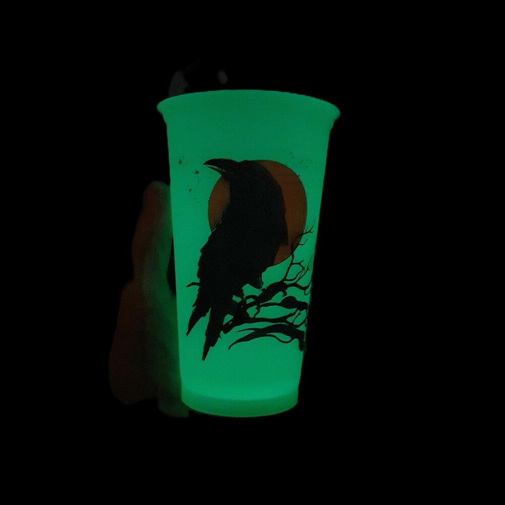 Starbucks 16 Oz Reusable Cup Glow In The Dark - Halloween Raven Crow Gothic -